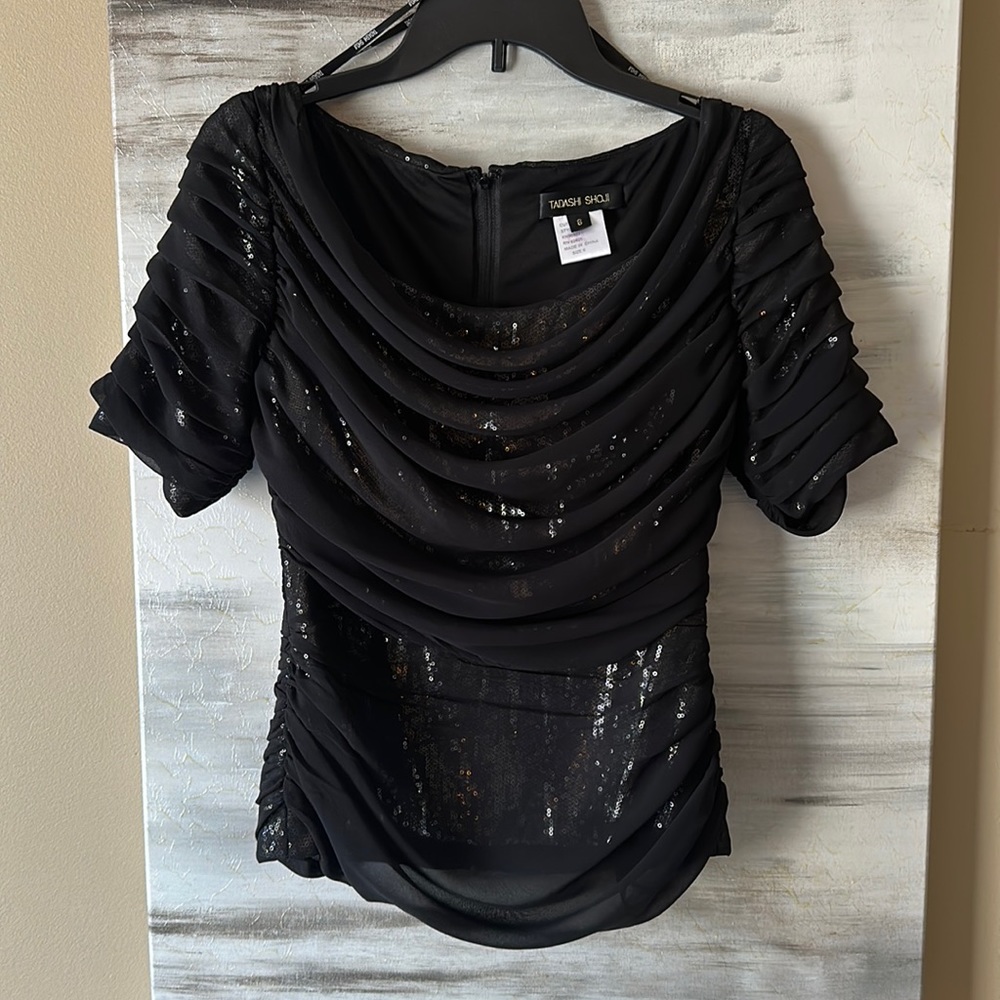 Tadashi Shoji black, sequined, and silk top